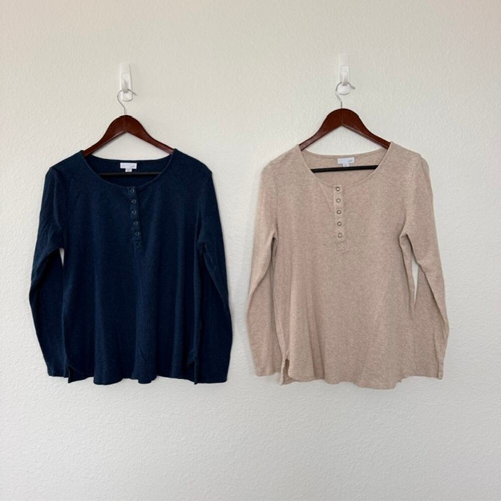 J. Jill Lot of 2 Thermal Henley Tees Women's Medium Blue Oatmeal Pima Cotton